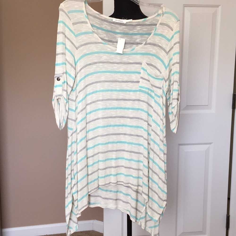 Blu Pepper Light Knit Striped Top Size M Green Cream Relaxed Normcore Slouchy